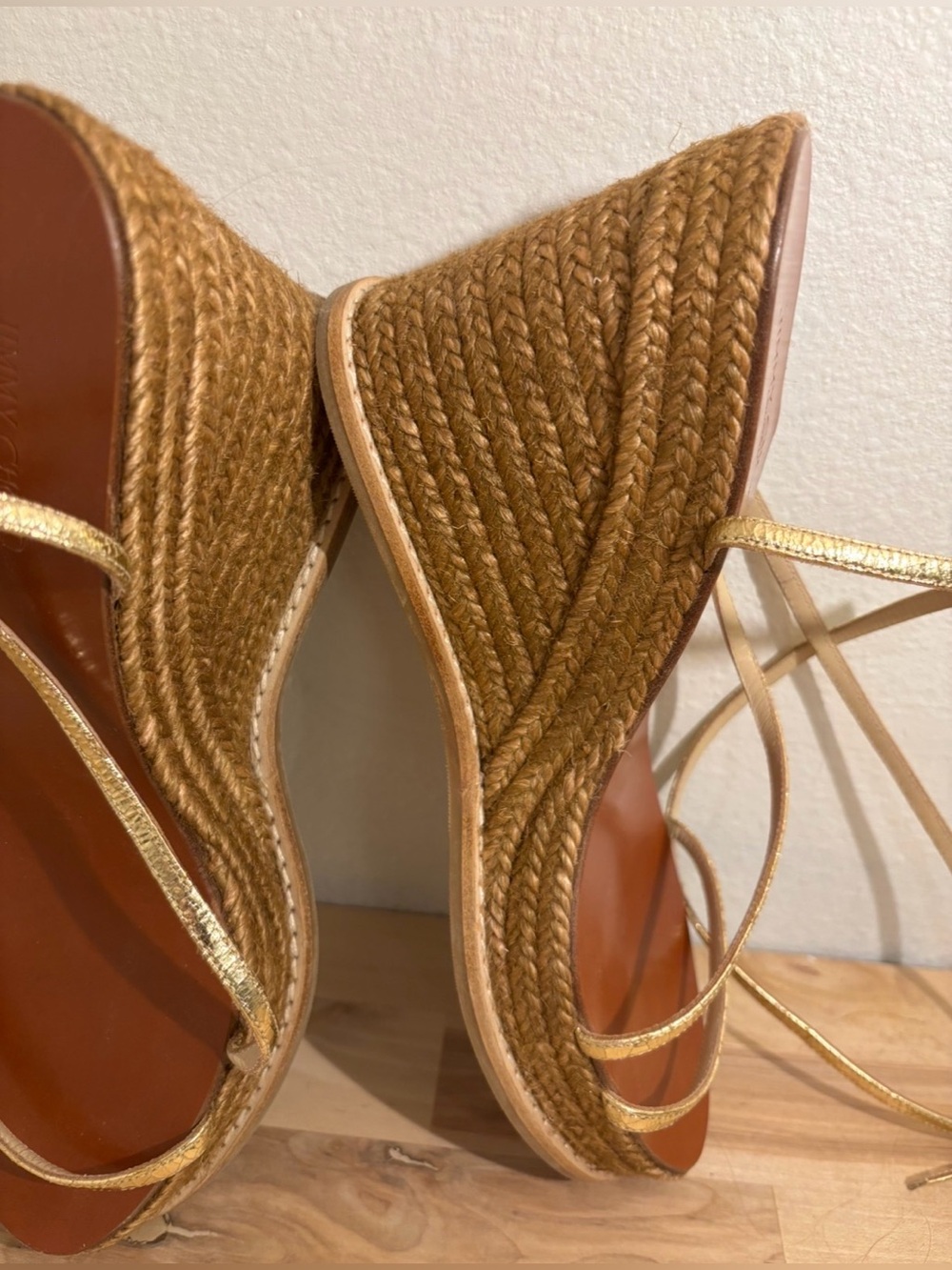 Jimmy Choo Brown Woven Espadrille Wedge Sandals with Gold Straps